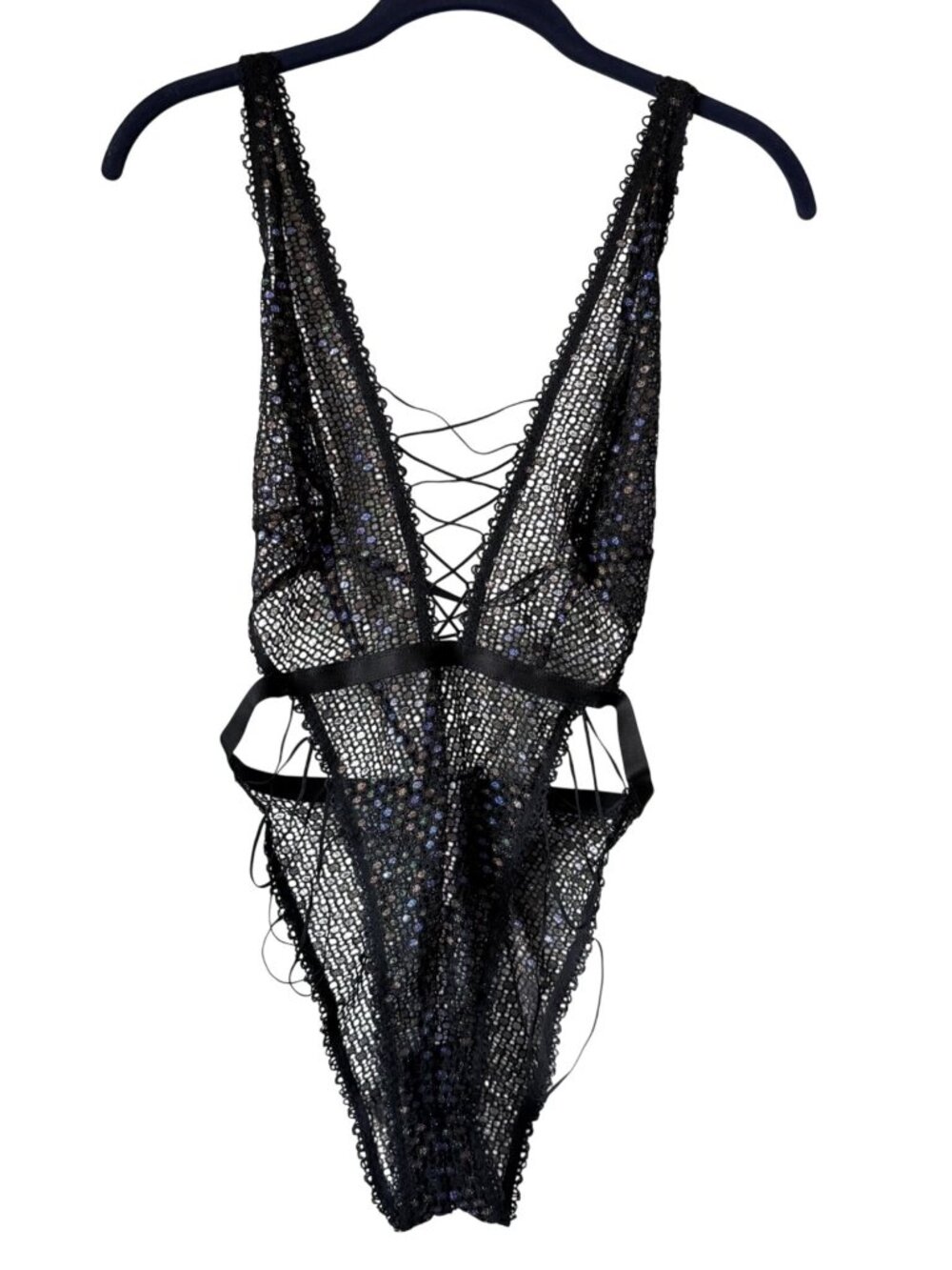 Savage X Fenty Disco Lace Up Teddy Black Mesh Sequin Bodysuit Medium